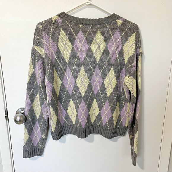 Oak + Fort Argyle Knit Cardigan Grey / Purple / Yellow size Small - Picture 6 of 13